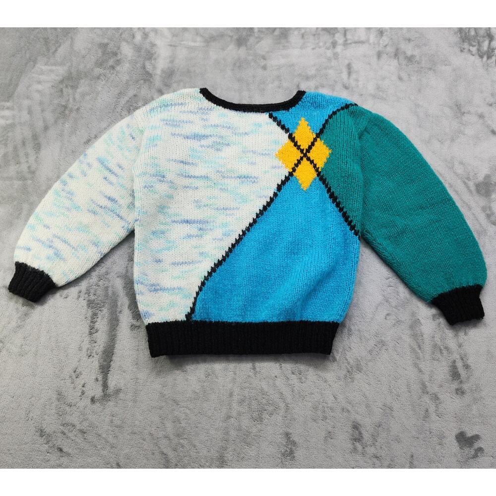 Vintage 80s Handmade Sweater Womens Size L Argyle Colorblock‎ Crew Neck Pullover